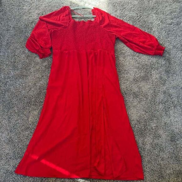 NWOT La Ligne Size 3X Smoked Bodice Midi Dress Red Pockets Square Neck - Picture 2 of 10